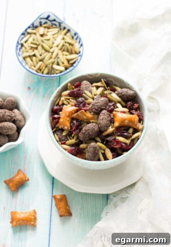 Easy Fall Trail Mix featuring roasted pumpkin seeds, tart dried cranberries, crunchy peanut butter filled pretzels, and decadent dark chocolate covered almonds, perfect for a healthy homemade snack during autumn. www.themessybakerblog.com