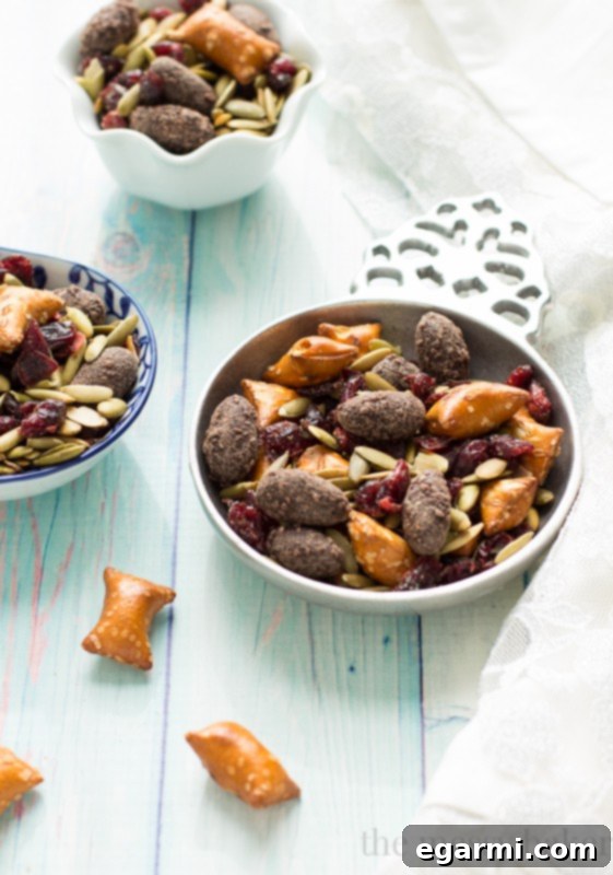 Close-up shot of Easy Fall Trail Mix showcasing a vibrant mix of roasted pumpkin seeds, plump dried cranberries, savory peanut butter filled pretzels, and luscious dark chocolate covered almonds, highlighting its appeal as a wholesome and indulgent autumn snack. www.themessybakerblog.com