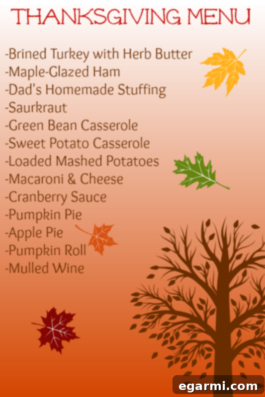 A beautifully designed Thanksgiving menu for 2014, showcasing a festive meal plan from The Messy Baker Blog.
