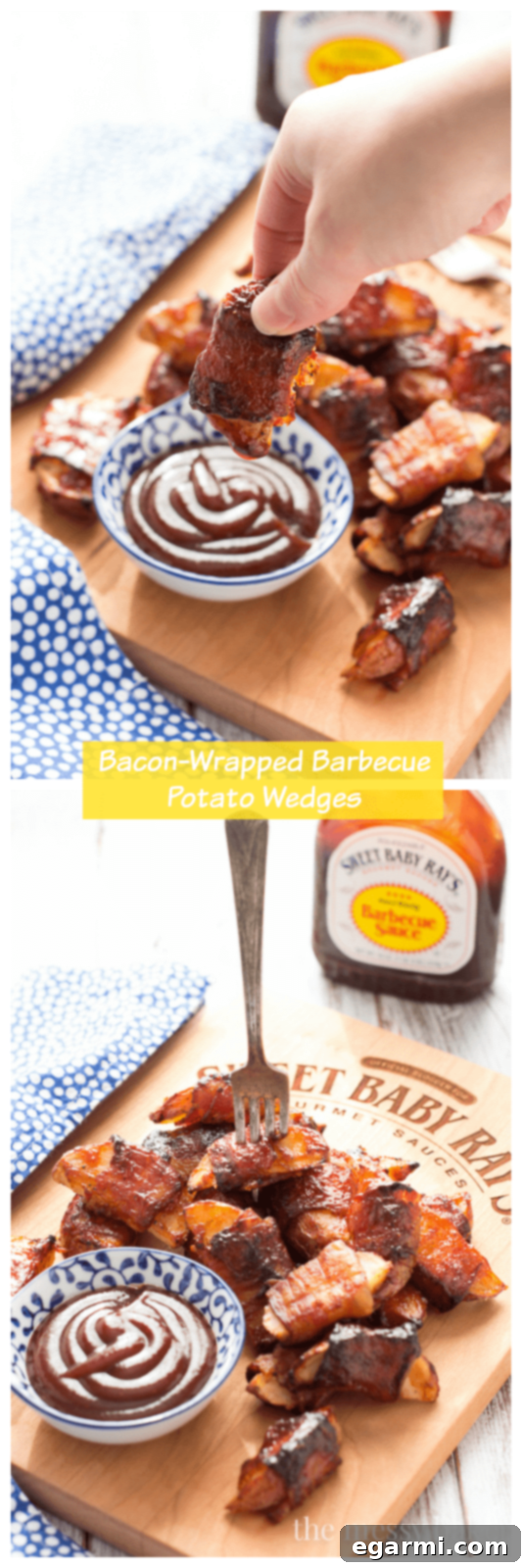 Vertical shot of several bacon-wrapped barbecue potato wedges stacked on a plate, showcasing their crispy texture and delicious glaze, perfect for sharing.