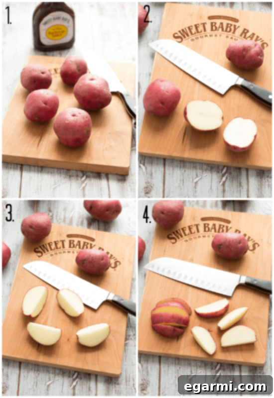 Step-by-step guide showing how to expertly cut red potatoes into uniform wedges for the bacon-wrapped appetizer recipe.