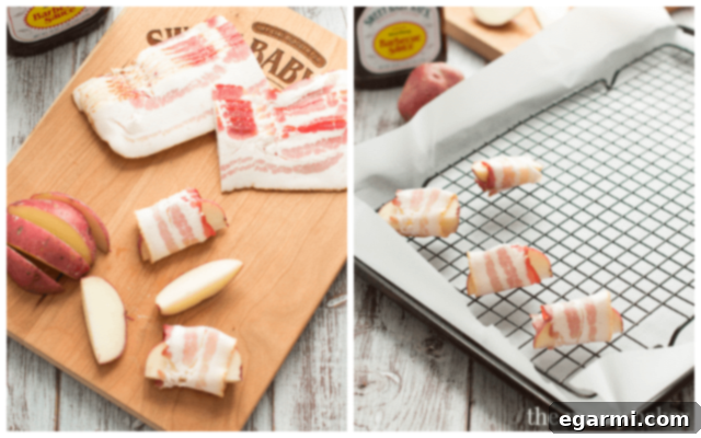 Detailed instruction photo demonstrating the technique of wrapping each potato wedge with a half-slice of bacon for optimal coverage and crispiness.