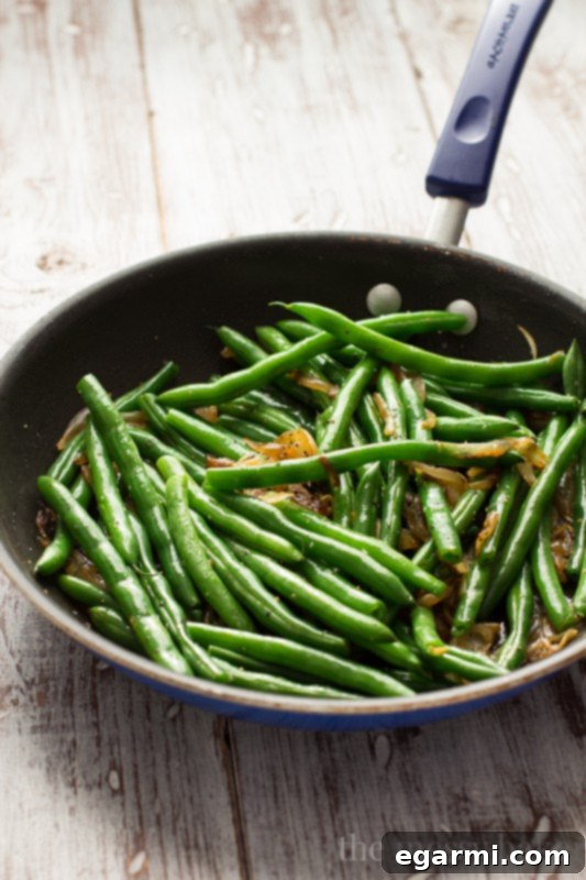 A vibrant display of green beans with caramelized onions and pecans, garnished with dried cranberries, showcasing a perfect holiday side dish.