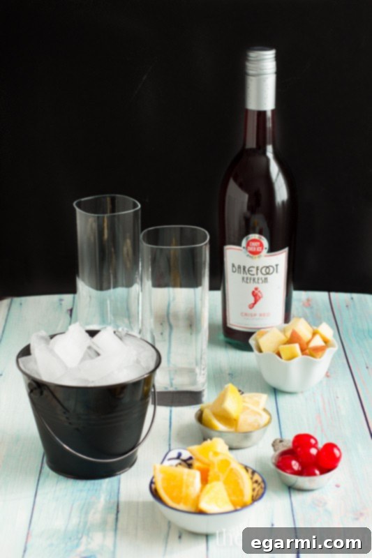 Close-up of Black Cherry Sangria with ice and fruit garnish