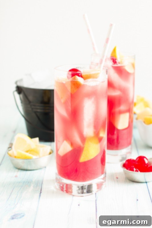 Beautiful Black Cherry Sangria garnished with orange and lemon