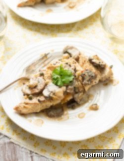 Final dish of Creamy Dijon Chicken with Mushrooms, served with greens