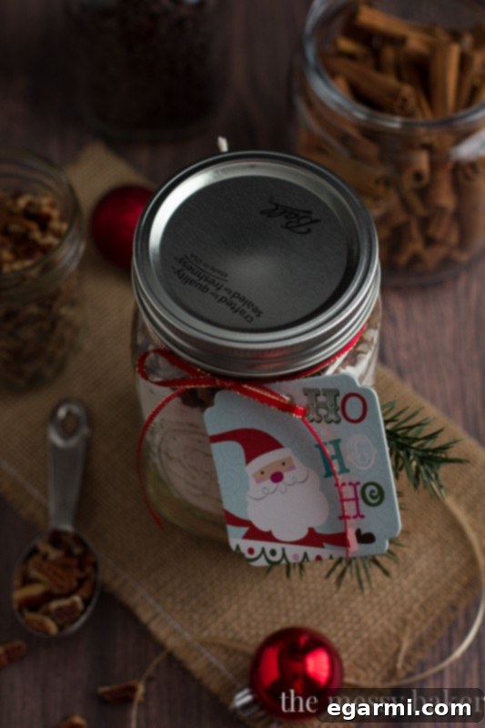 Beautifully packaged Chocolate Chip Pecan Banana Bread Gift Jar with bow and tag