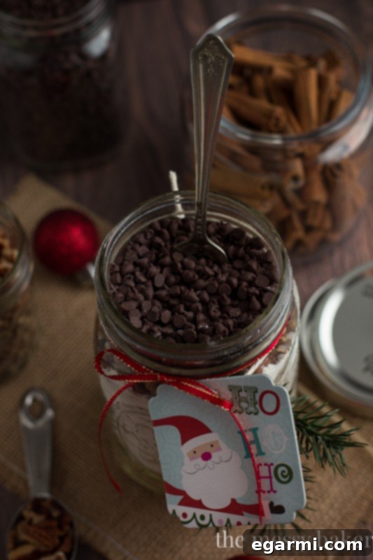 Delicious chocolate chips added to the banana bread mix for gift jars