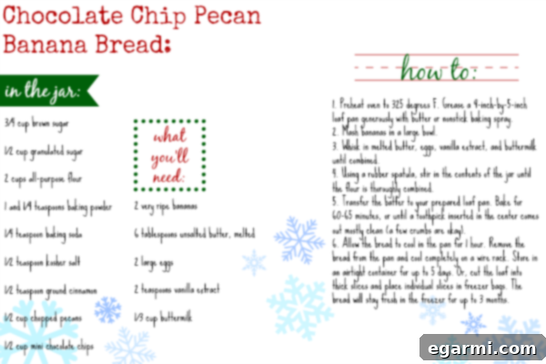 Printable Chocolate Chip Pecan Banana Bread Recipe Card for gift jars