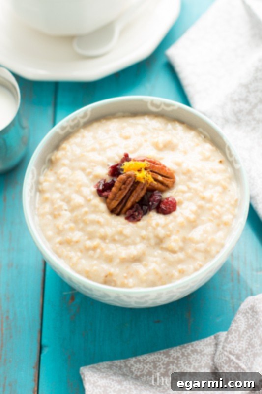 Close-up of Eggnog Steel Cut Oatmeal, highlighting its creamy texture and rich color