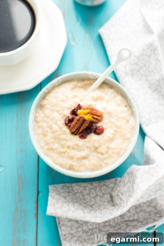 A bowl of freshly cooked steel cut oats, ready for the addition of eggnog and spices