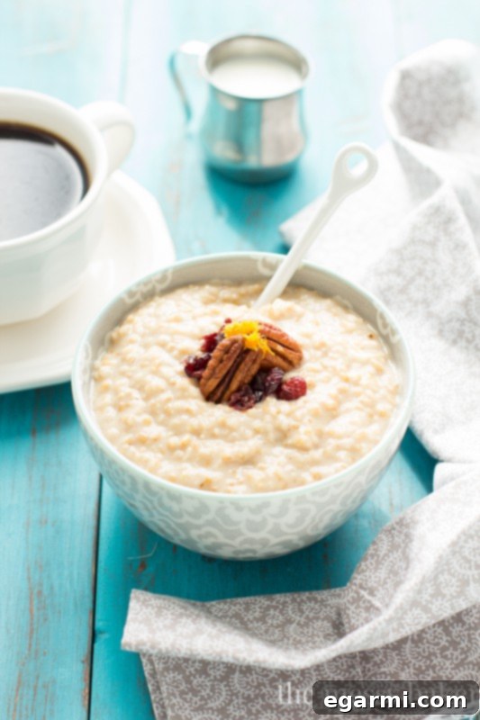 A close-up shot of creamy Eggnog Steel Cut Oatmeal with festive garnishes
