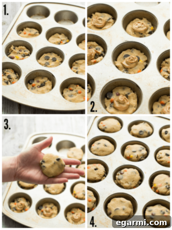 Visual guide showing the step-by-step process of assembling Peanut Butter Stuffed Chocolate Chip Cookie Cups