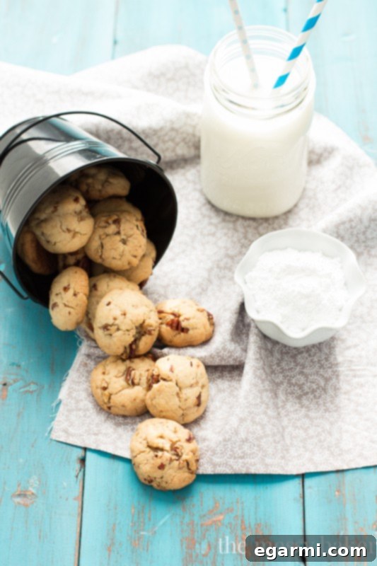 Pecan Sandies dusted with powdered sugar, ready to be enjoyed.