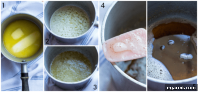 A visual guide showing butter transforming in a saucepan: from solid to melted, then foaming, boiling, and finally turning into golden-brown butter with nutty specks.