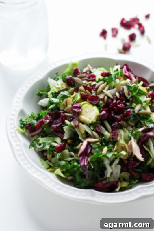 A person tossing the warmed kale, cranberries, and pumpkin seeds with the poppyseed dressing in a large bowl, illustrating the final steps of preparation.