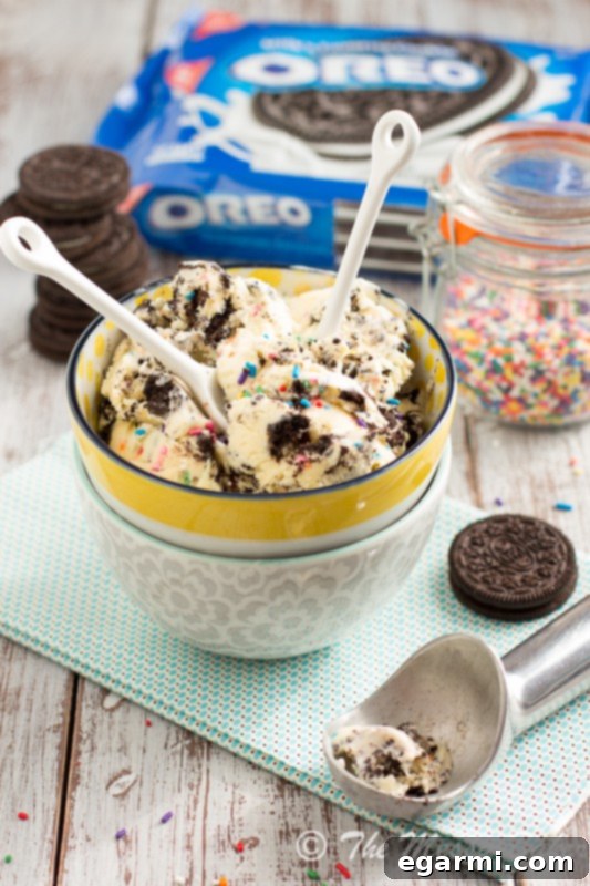 Delicious Funfetti Cake Batter Oreo Ice Cream, a vibrant and indulgent dessert recipe from One Sweet Mess.