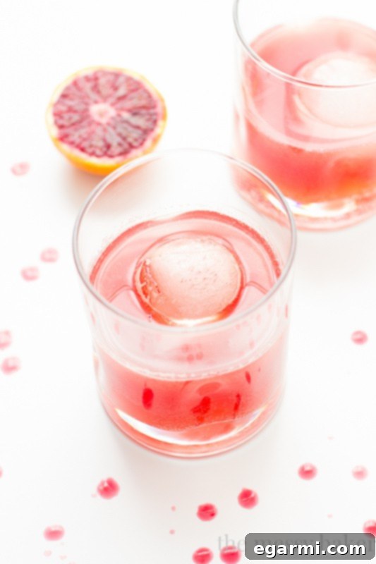Closeup of Blood Orange Bourbon Fizz Cocktail garnished with a blood orange slice