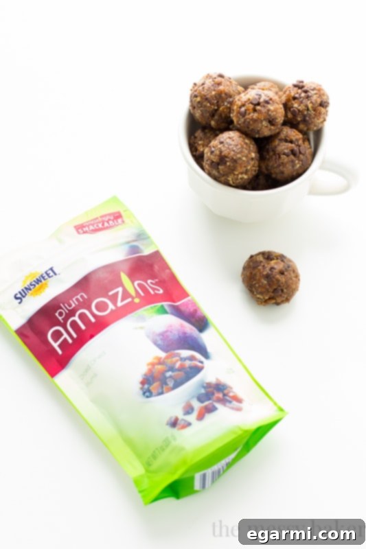 Gluten-Free Chocolate Chip Energy Balls featuring Nutrient-Rich Prunes