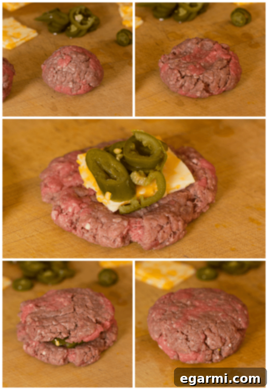 Step-by-step image guide on how to stuff a burger patty.