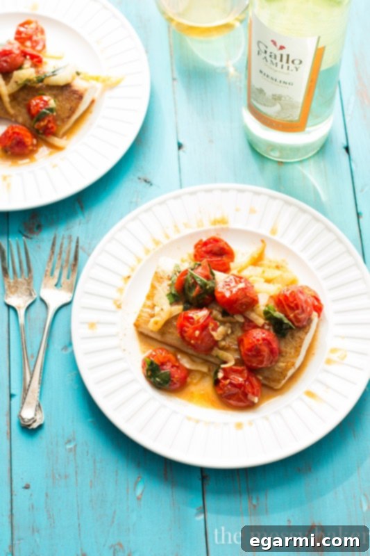 Close-up of Mahi Mahi with Roasted Tomatoes and Fennel, ready to serve