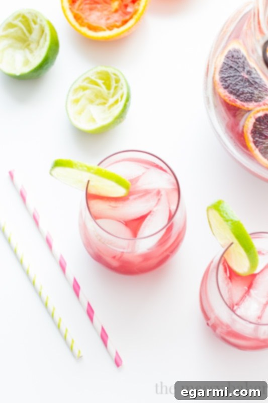 A close-up of the Sangrita in a glass, featuring a vibrant red color and a small lime wedge on the rim.