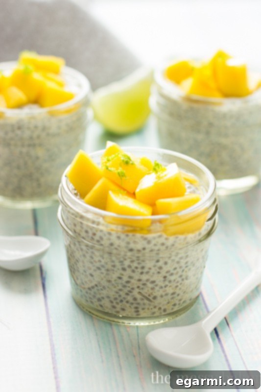 Close-up of Mango Chia Seed Pudding in a Jar