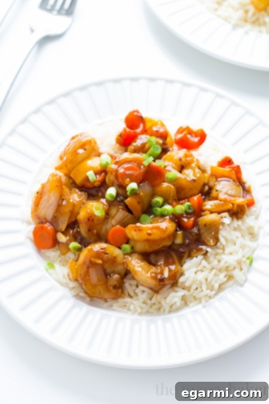 Close-up of freshly cooked garlic shrimp stir fry ready to be served