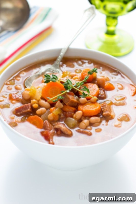 Slow Cooker Navy Bean Soup with Ham ready to serve in a bowl