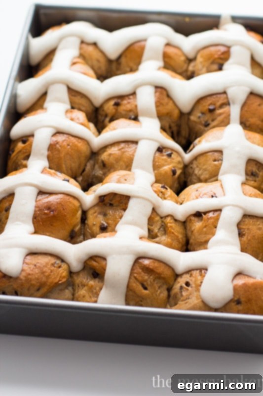 Choc-Chip Hot Cross Buns 3 Closeup of freshly baked Chocolate Chip Hot Cross Buns ready to be enjoyed