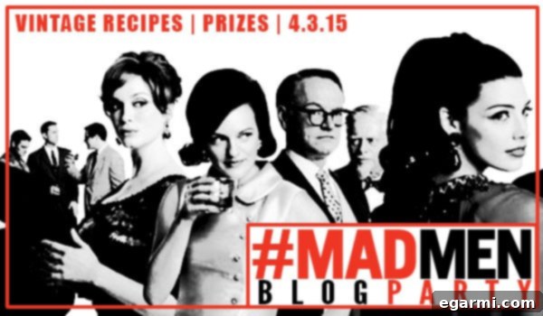 Mad Men Blog Party | Vintage Recipes + Prizes | A graphic inviting readers to a themed blog party.