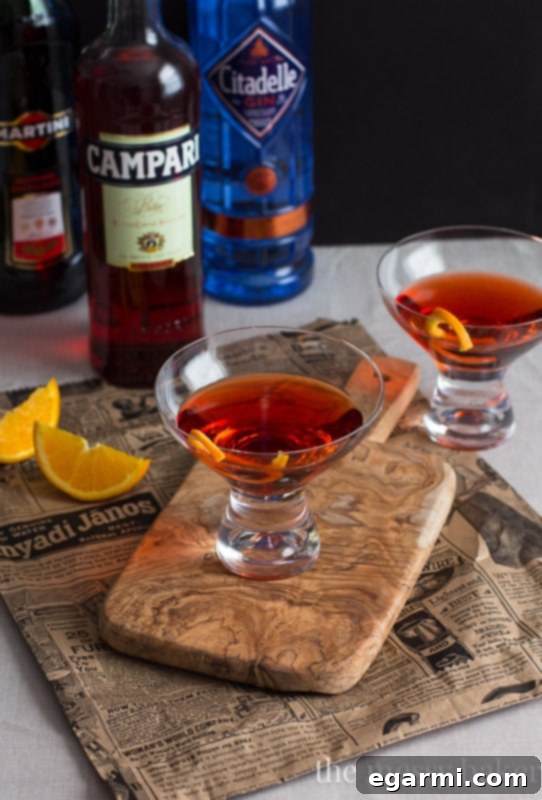 Classic Negroni Cocktail | Ingredients neatly arranged next to a finished drink.