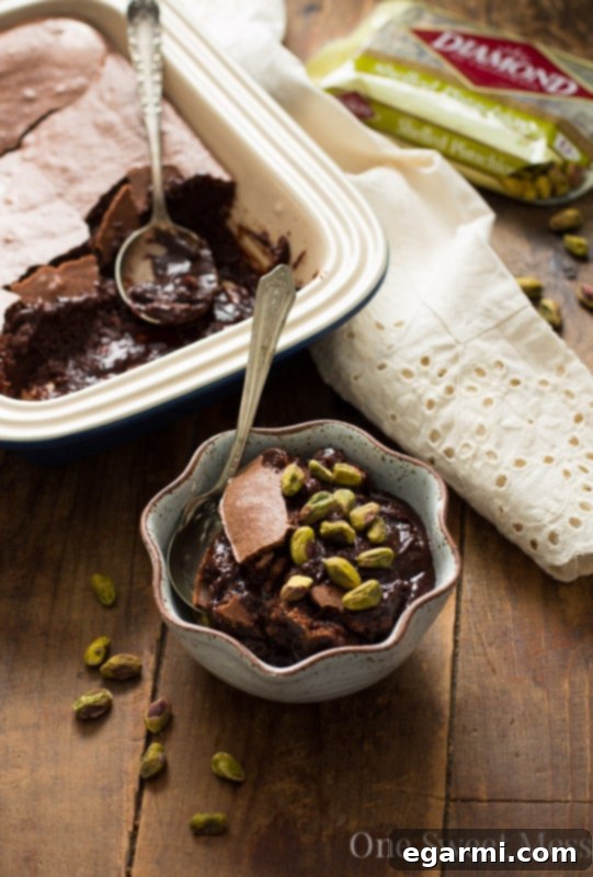 Aromatic Earl Grey Fudge Pudding 6 Close-up of Earl Grey Brownie Pudding with toasted pistachios