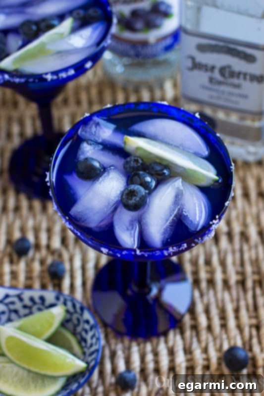 Blueberry Margaritas garnished with fresh blueberries and lime