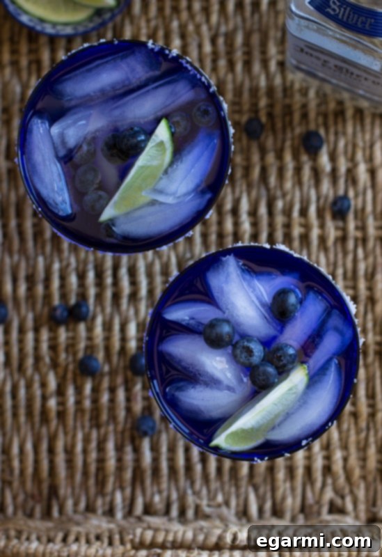 Close-up of a blueberry margarita with a salted rim and lime slice