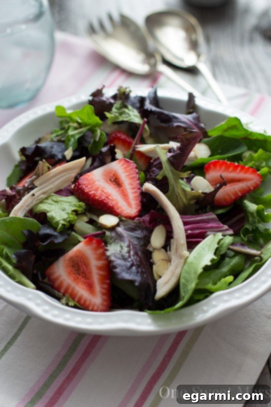 Strawberry Chicken Salad with Toasted Almonds 3 Chicken, Strawberry & Toasted Almond Salad with Strawberry Balsamic Vinaigrette