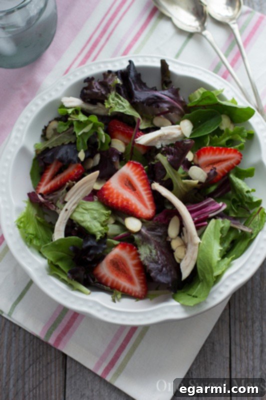 Strawberry Chicken Salad with Toasted Almonds 5 Chicken, Strawberry & Toasted Almond Salad with Strawberry Balsamic Vinaigrette