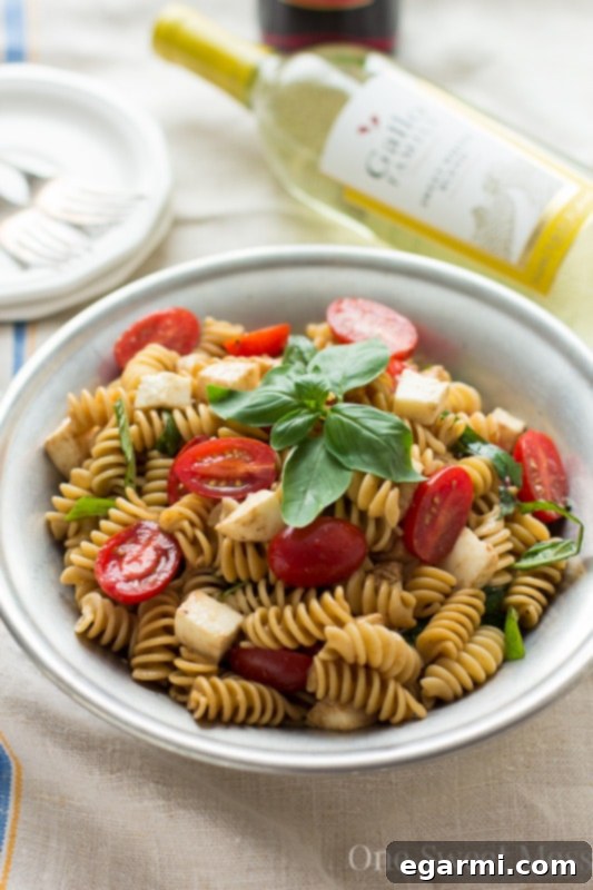 Caprese Pasta Salad for Sunday Supper 5 Prepared Caprese Pasta Salad in a serving bowl