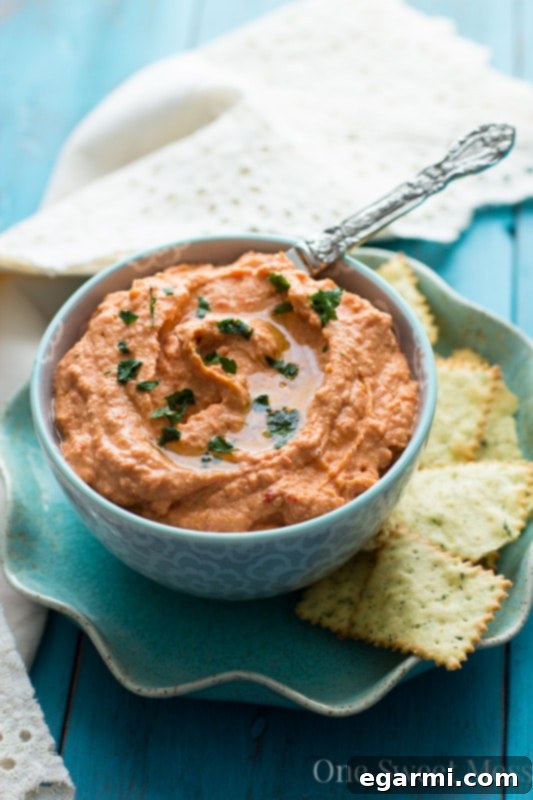 Roasted Red Pepper and Sundried Tomato Hummus 4 Close-up of vibrant orange Sun-Dried Tomato and Roasted Red Pepper Hummus