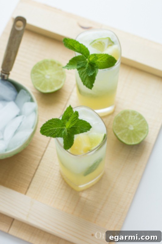 Close-up of a Pineapple Coconut Mojito garnished with fresh mint, lime, and pineapple