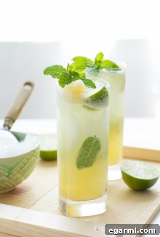 A hand holding a Pineapple Coconut Mojito against a blurred outdoor background
