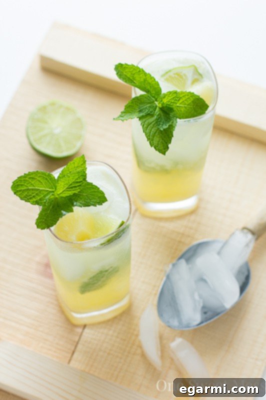 A refreshing Pineapple Coconut Mojito cocktail served in a tall glass with garnishes