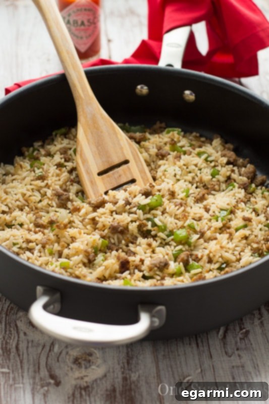 Close-up view of the texture and ingredients in Dirty Rice