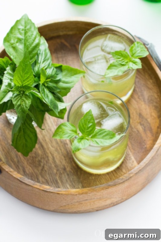 Close-up of Basil Ginger Gin Fizz cocktail in a glass with a basil sprig garnish