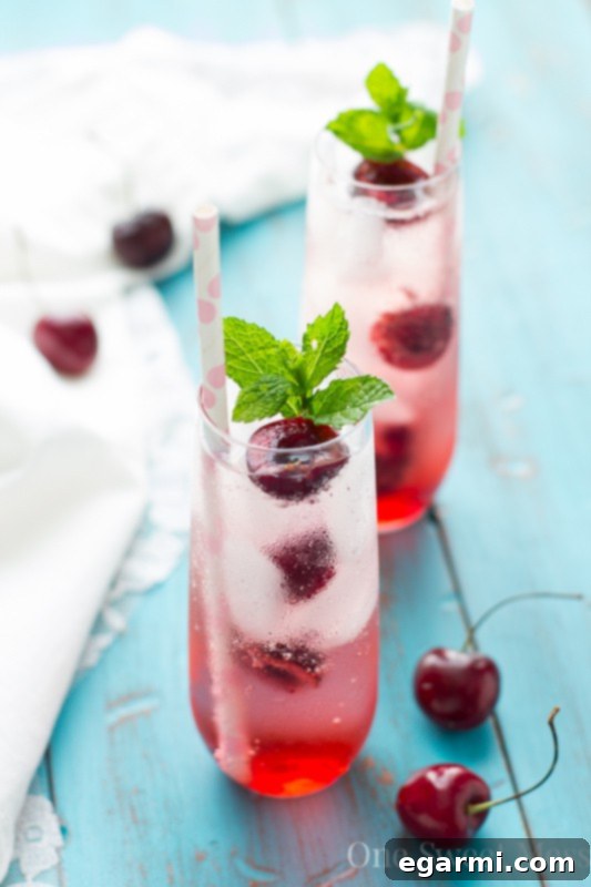 Sweet Cherry Prosecco Sparkler 2 Cherry-Kissed Prosecco Spritzer with fresh cherries and mint garnish