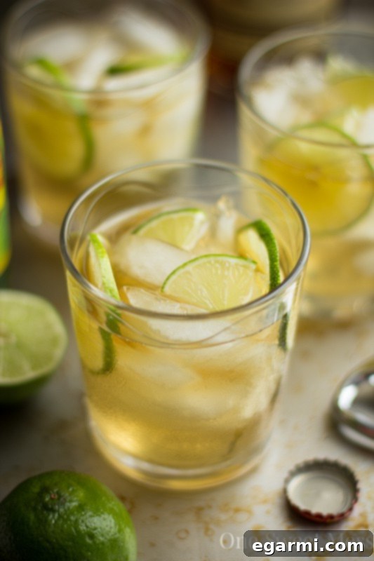 Close-up of Dark & Stormy Cocktail garnished with a fresh lime wedge