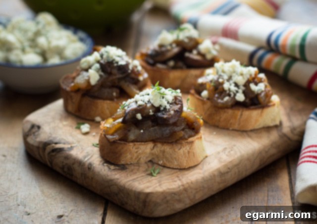 Caramelized Onion & Mushroom Crostini with Blue Cheese Crumbles