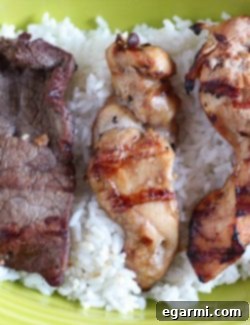 A close-up shot of a single chicken teriyaki skewer, perfectly grilled and glazed.