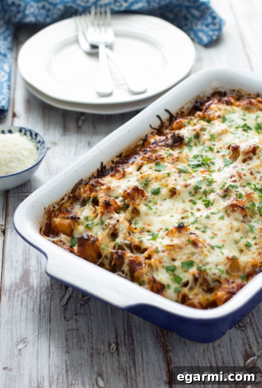 Sausage Pizza Au Gratin Potato Casserole, showcasing a golden-brown top and bubbling cheese
