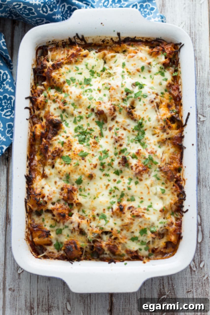 Close-up view of the Sausage Pizza Au Gratin Potato Casserole, showing melted cheese and ingredients